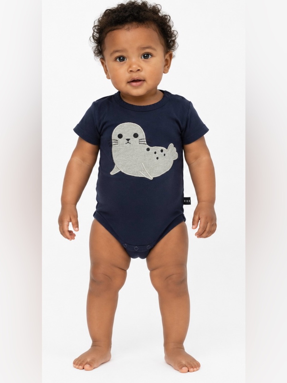 Huxbaby Unisex Seal Embroidery Short Sleeve Onesie in navy